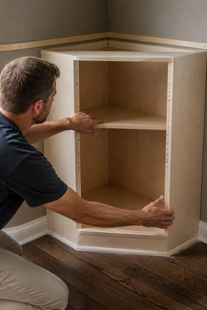 White corner cabinet with two open shelf sides and thin trim lines