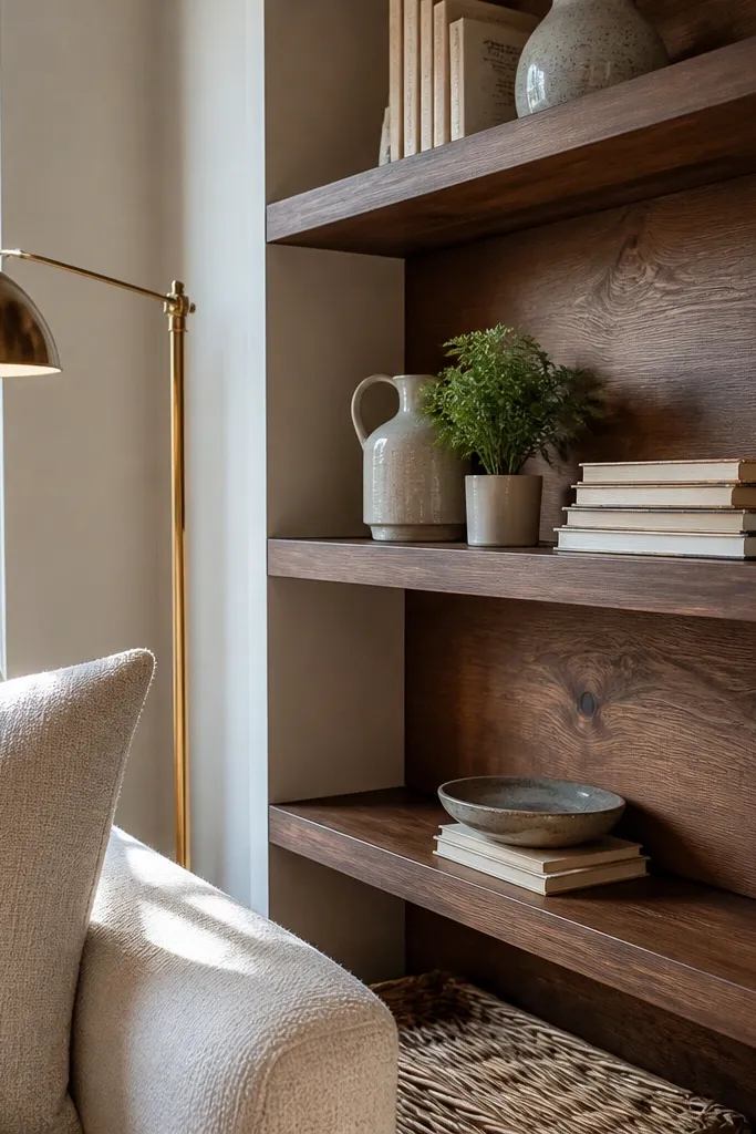 Wood face-frame corner shelves with a solid back panel and clean paint lines
