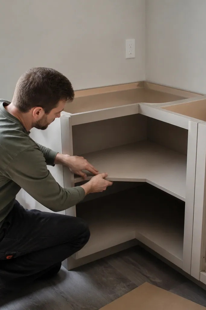 Two cabinet boxes meeting in a corner with shelves and trim