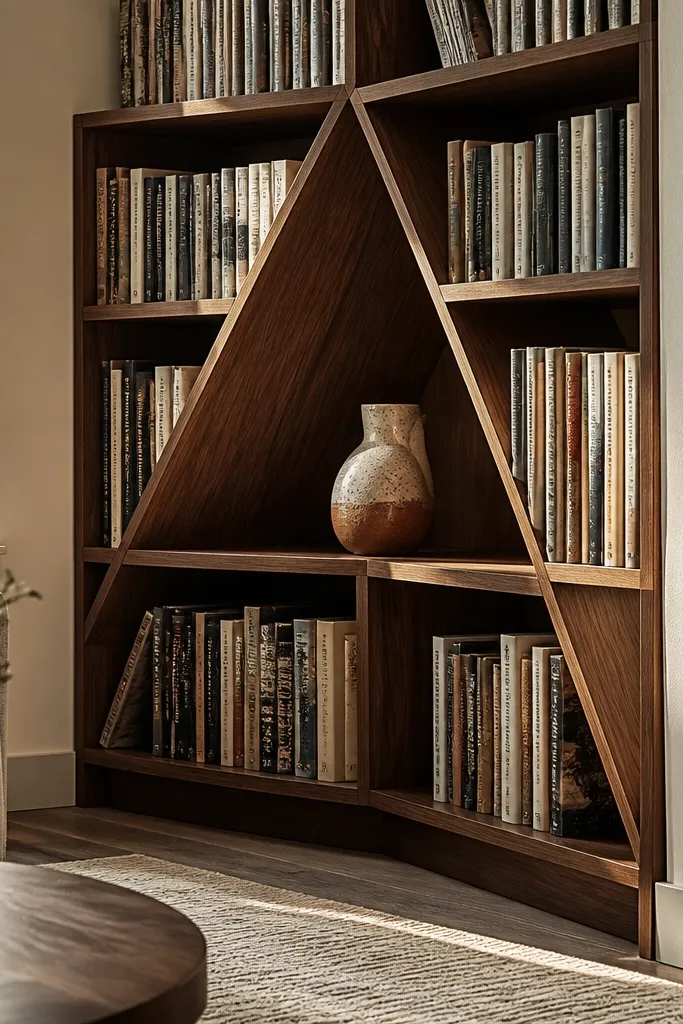 Diagonal corner shelving unit with angled shelves and a wood frame