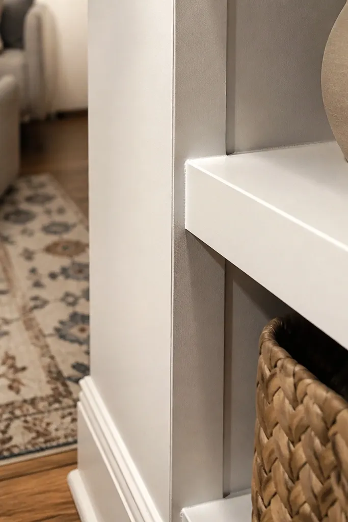 Painted MDF-trimmed corner shelves with small drywall returns