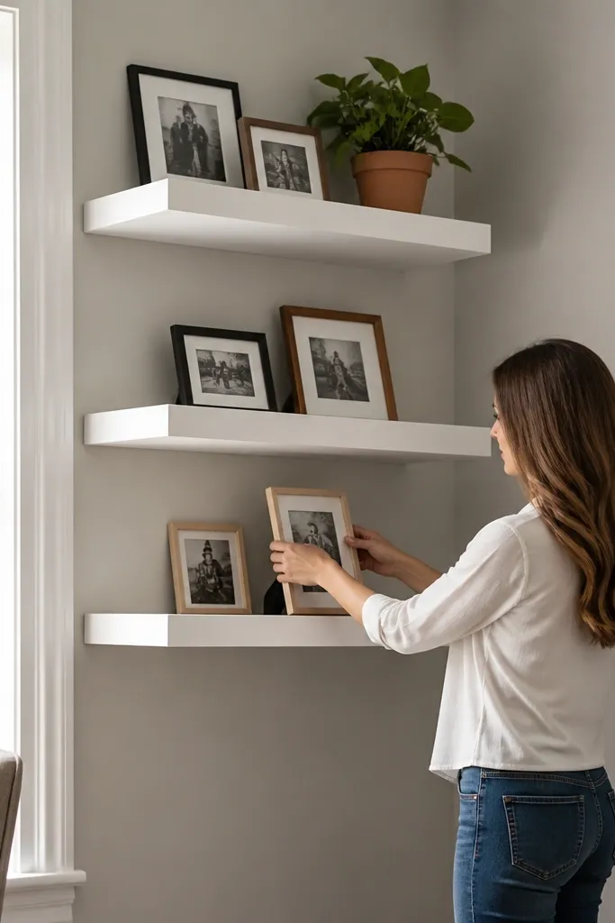 Corner shelves with no visible brackets, supported by a hidden rail