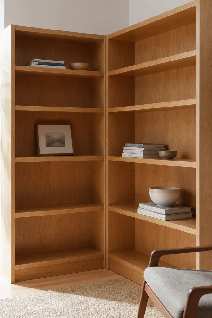 Open L-shaped shelves in a corner with evenly spaced shelf pin holes