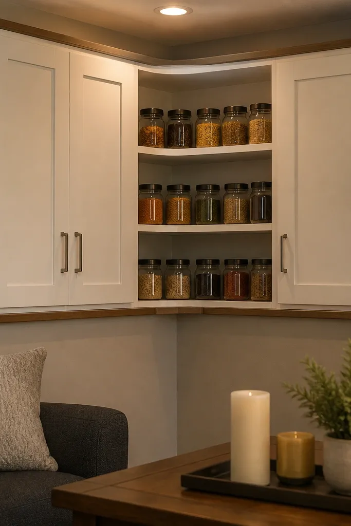 Corner cabinet with closed doors on the sides and open shelf area in the middle