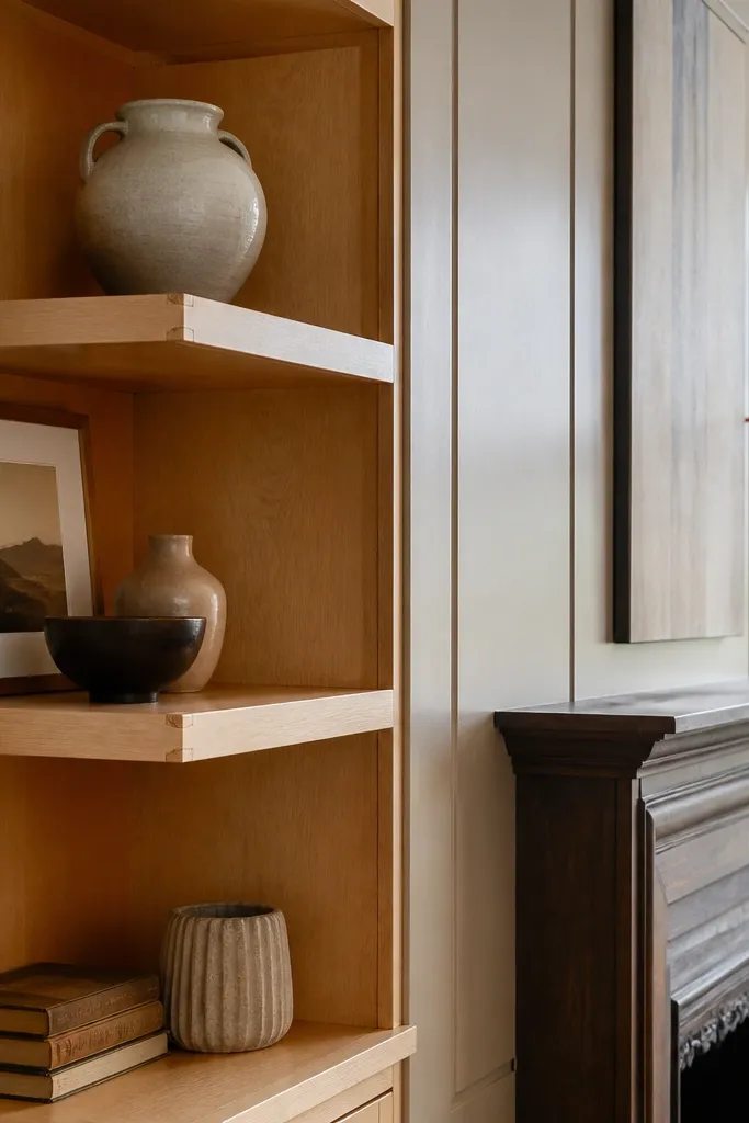 Wood corner shelf wall with mitered trim and painted reveals