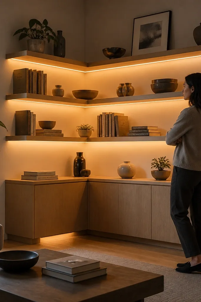 Corner shelves with a subtle light strip glow along the underside