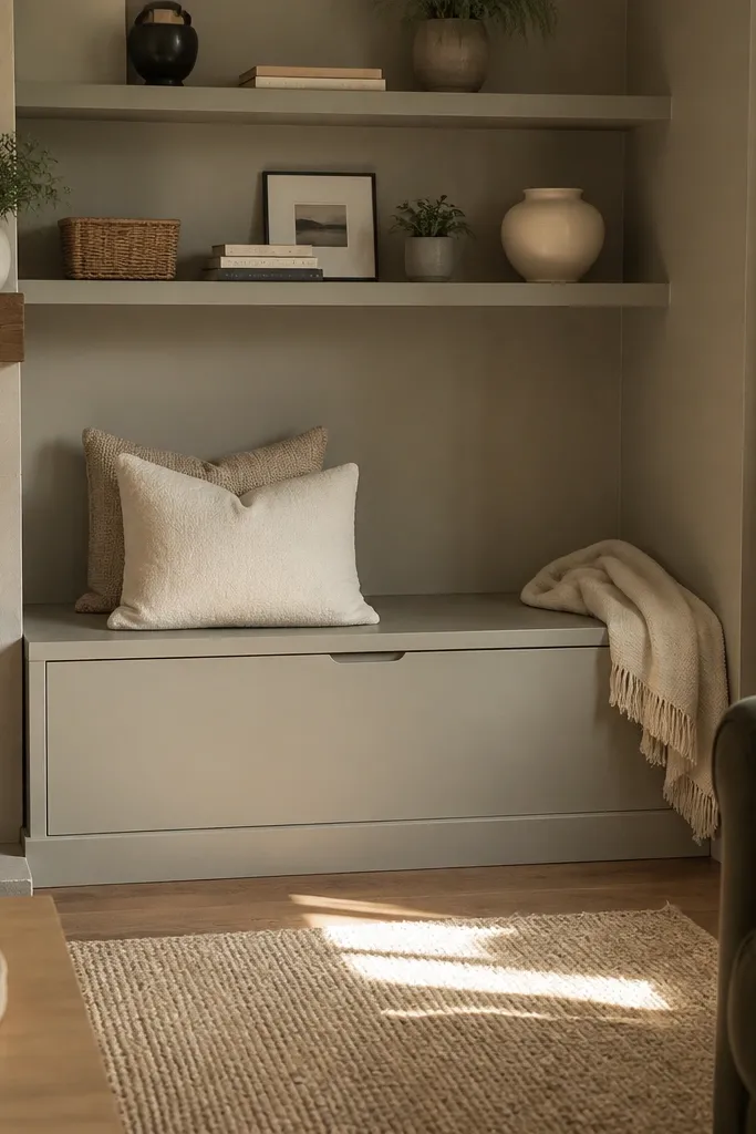 Corner bench with shelves above and a lift-top storage compartment