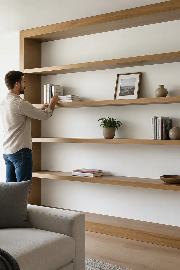 Open shelving with side panels that look like built-in millwork