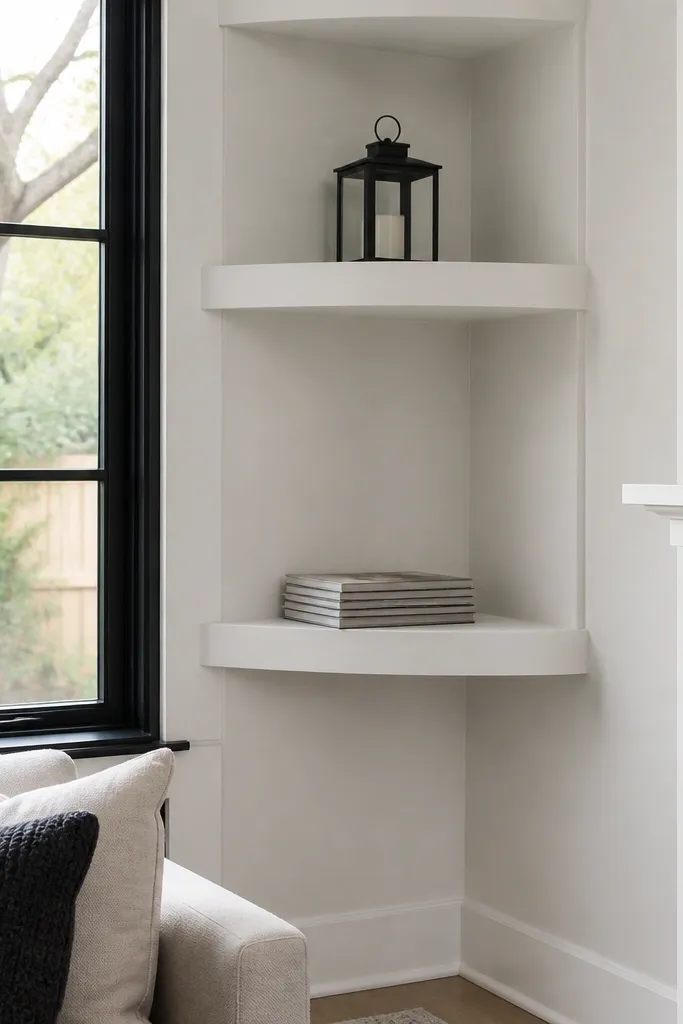 Recessed corner shelves with a shadow gap and hidden mounting strip