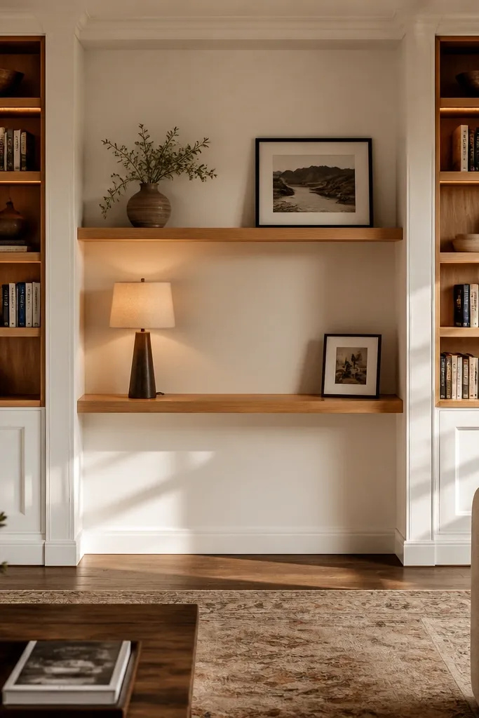 Built-in shelves with tall side stacks and two wider center shelves