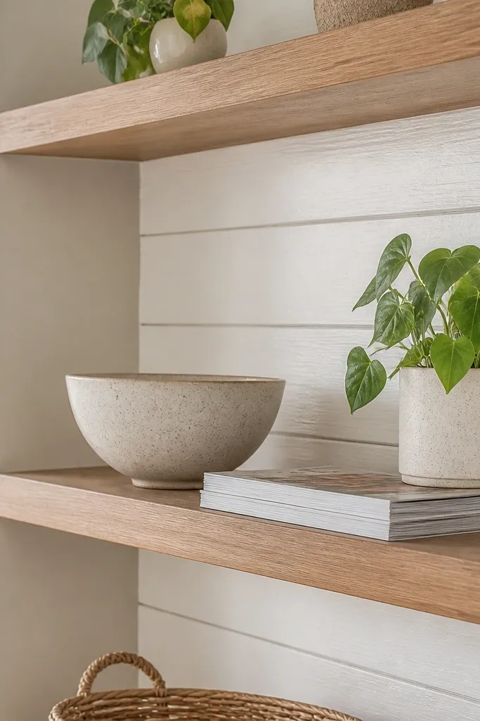 White open shelves with a light wood shiplap back behind them