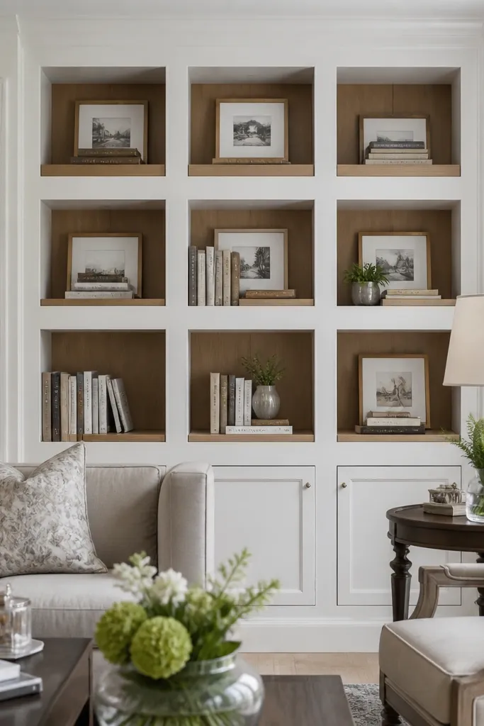 Built-in shelves with square frame trim around each shelf section