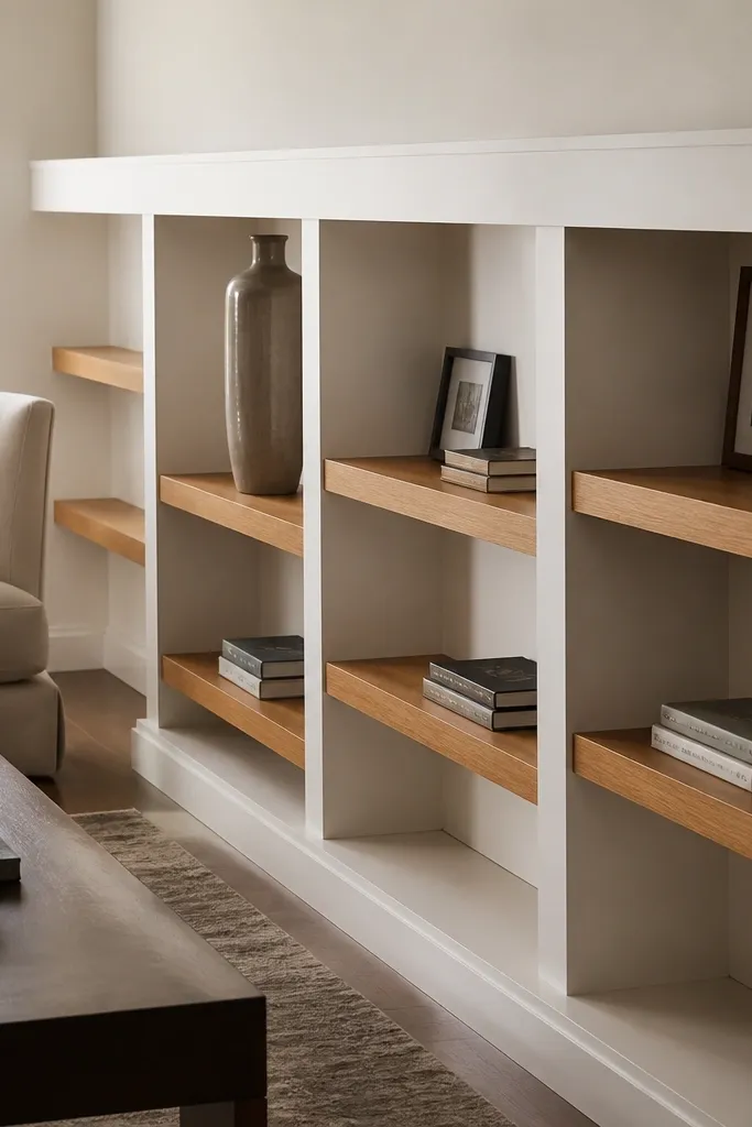 Floating-style shelves with a continuous top rail above them