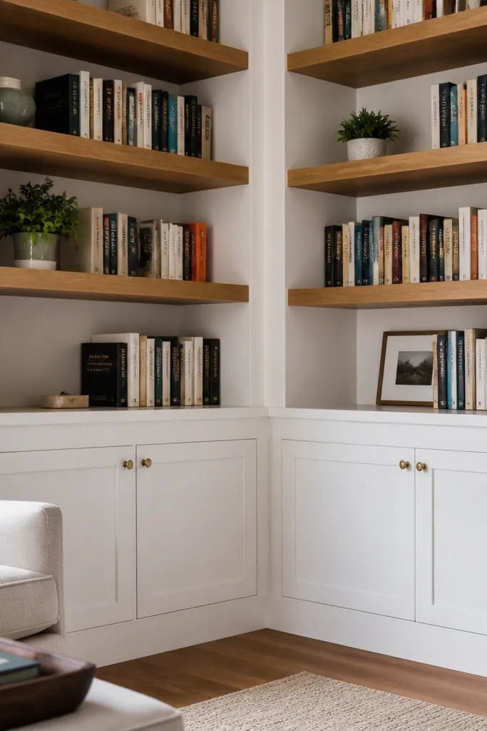 Corner built-in shelves with matching shelves on both sides and a neat inner edge