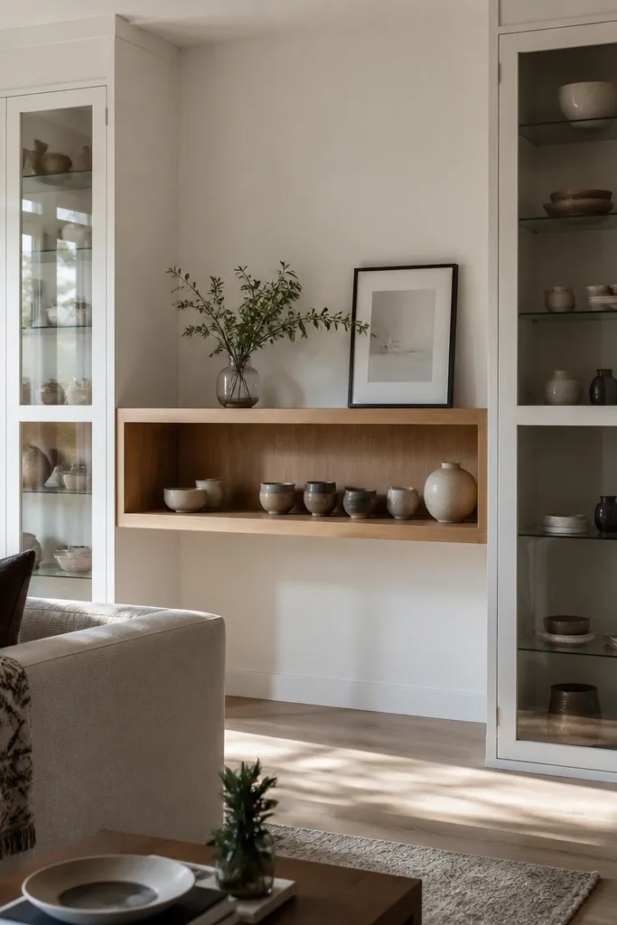 Tall built-in cabinets with glass doors and open shelf band between