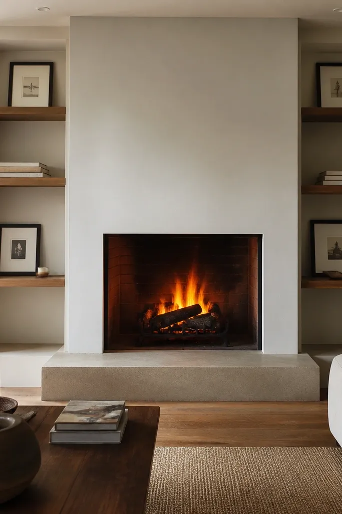 Shelves flanking a fireplace with minimal trim and clean lines