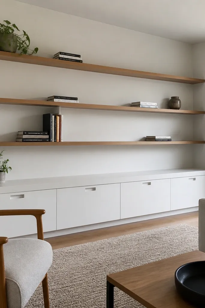 Shallow open shelves above a wide cabinet band with doors