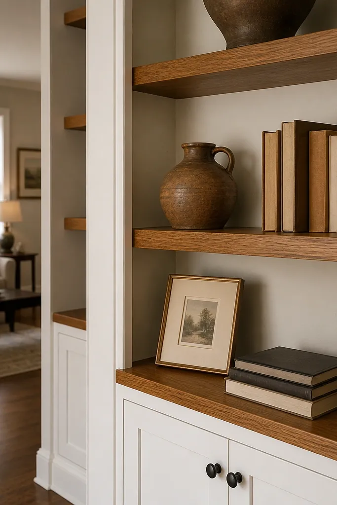 White painted shelf frames with stained wood shelves inside the openings