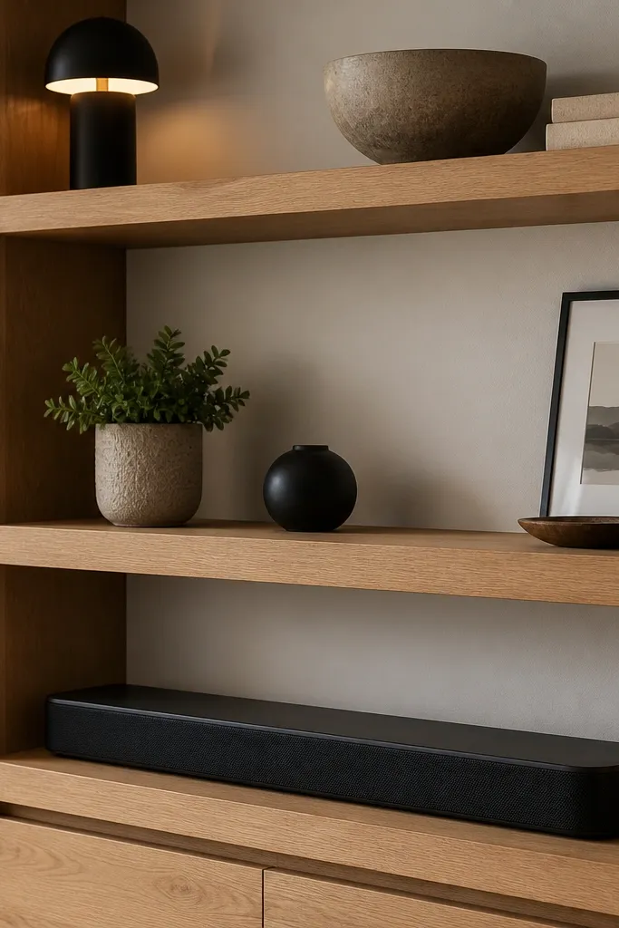 Built-in shelves with a clean back area that hides cables behind a panel