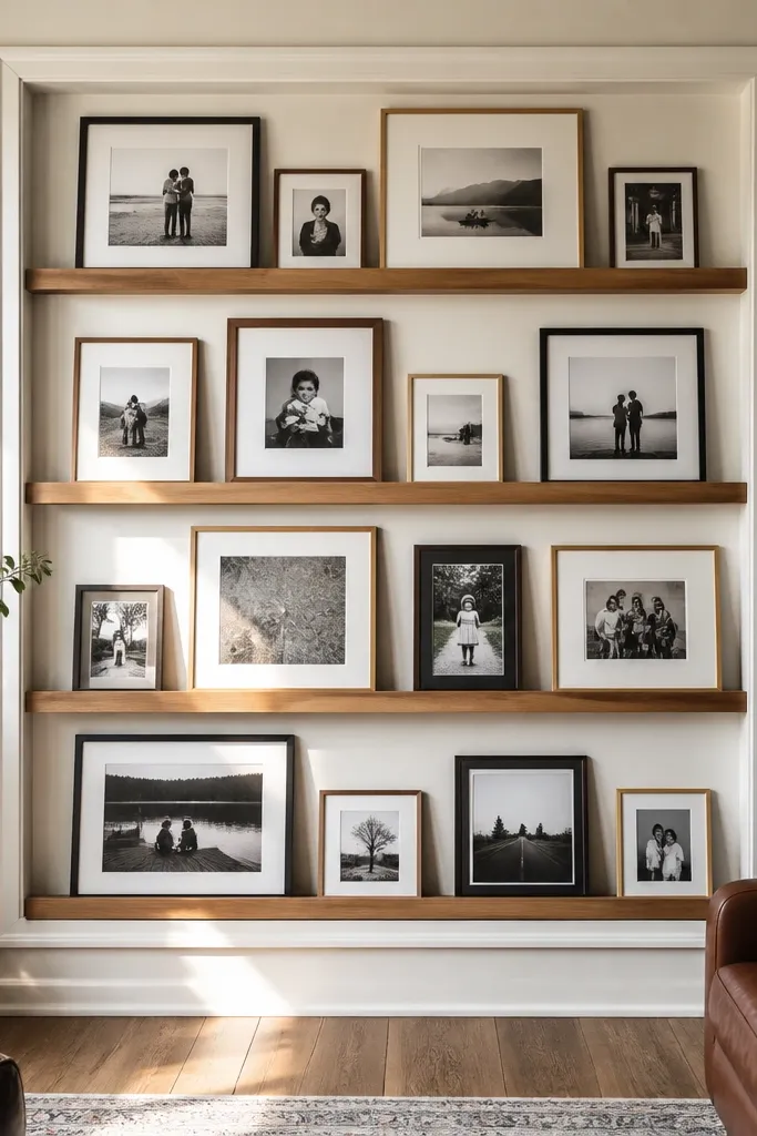 Built-in ledged shelves holding framed photos and small art pieces