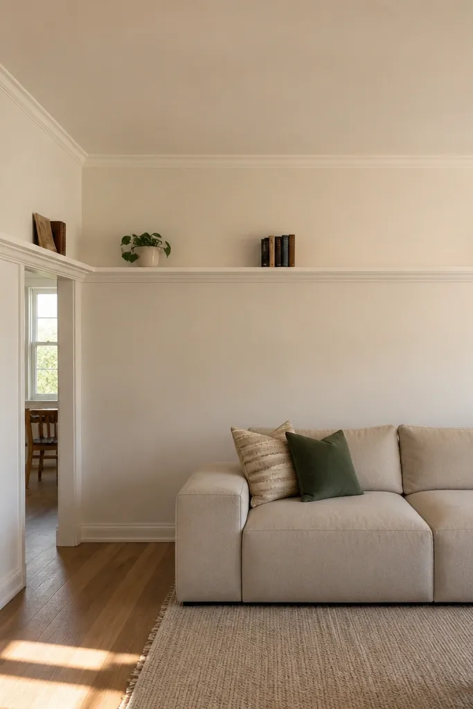 Built-in shelves that run from the corner to the adjacent wall with one aligned line