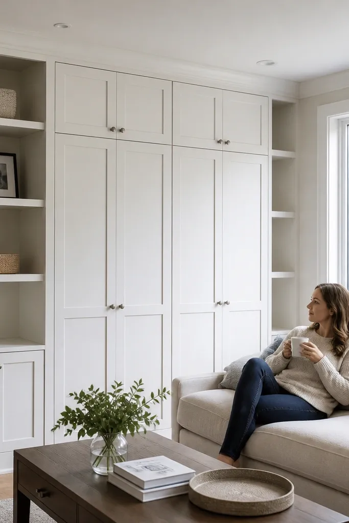 Built-in shelves with paneled doors on the lower bays and open shelves on top