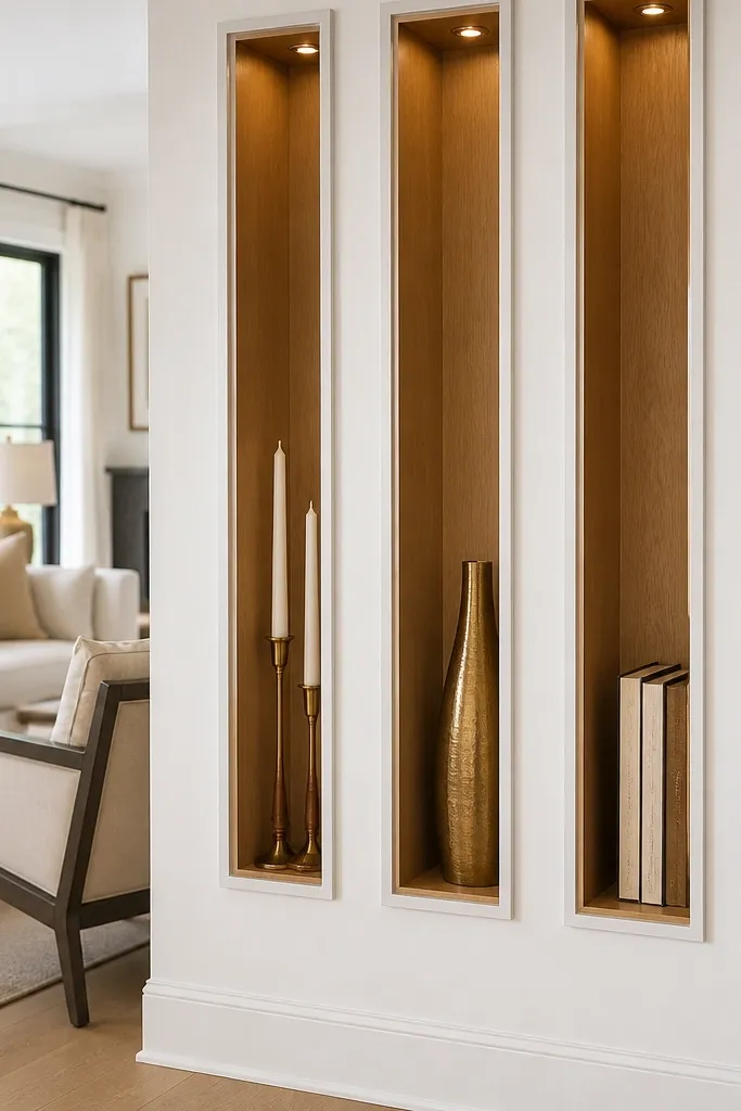 Built-in shelves with narrow vertical compartments for tall decor pieces