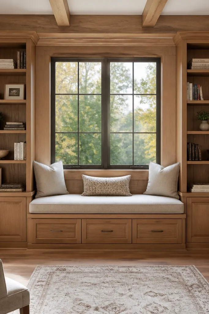 Built-in shelves with a cushioned window seat in the middle and open sides