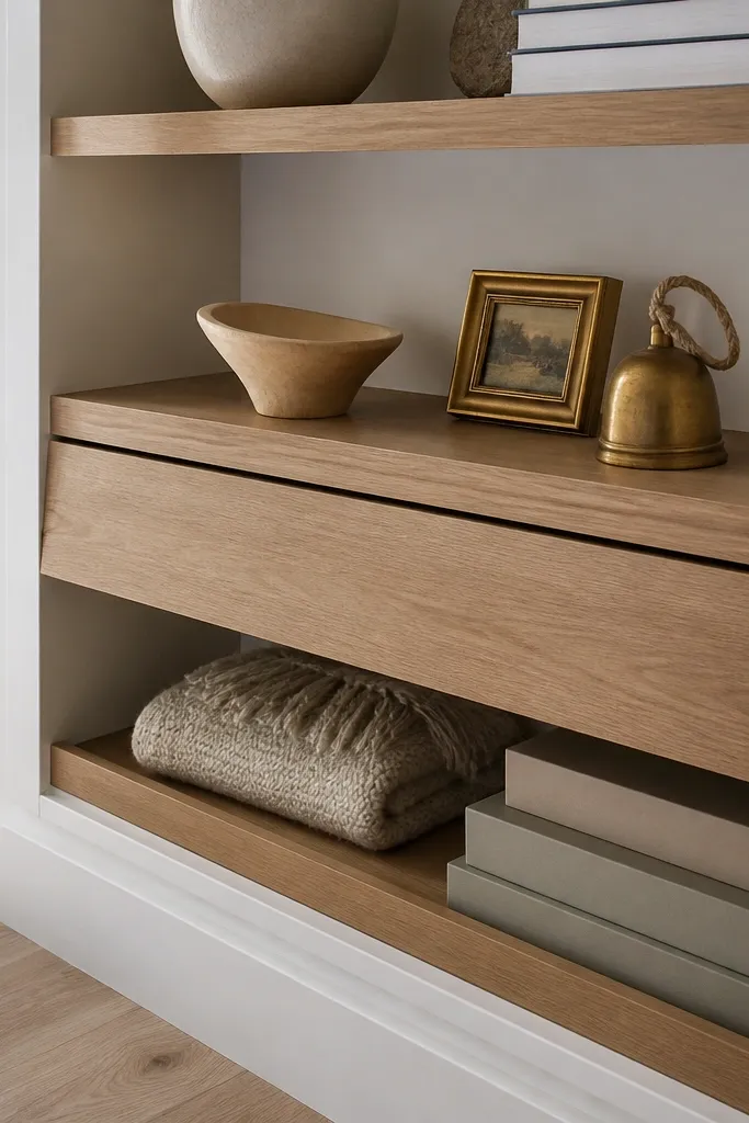 Built-in shelves with one section that lifts open for hidden storage