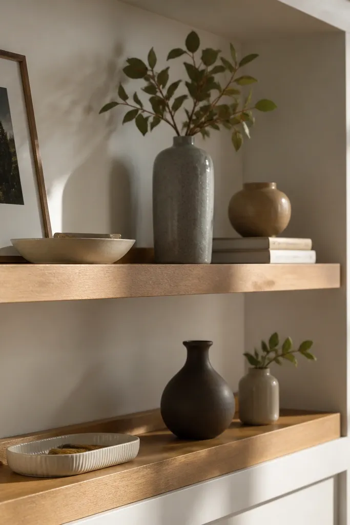 Built-in shelves with deeper display area and a back lip to keep decor in place