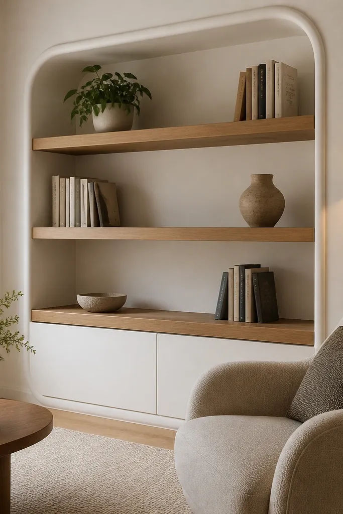 Built-in shelves with smooth curved trim edges around openings