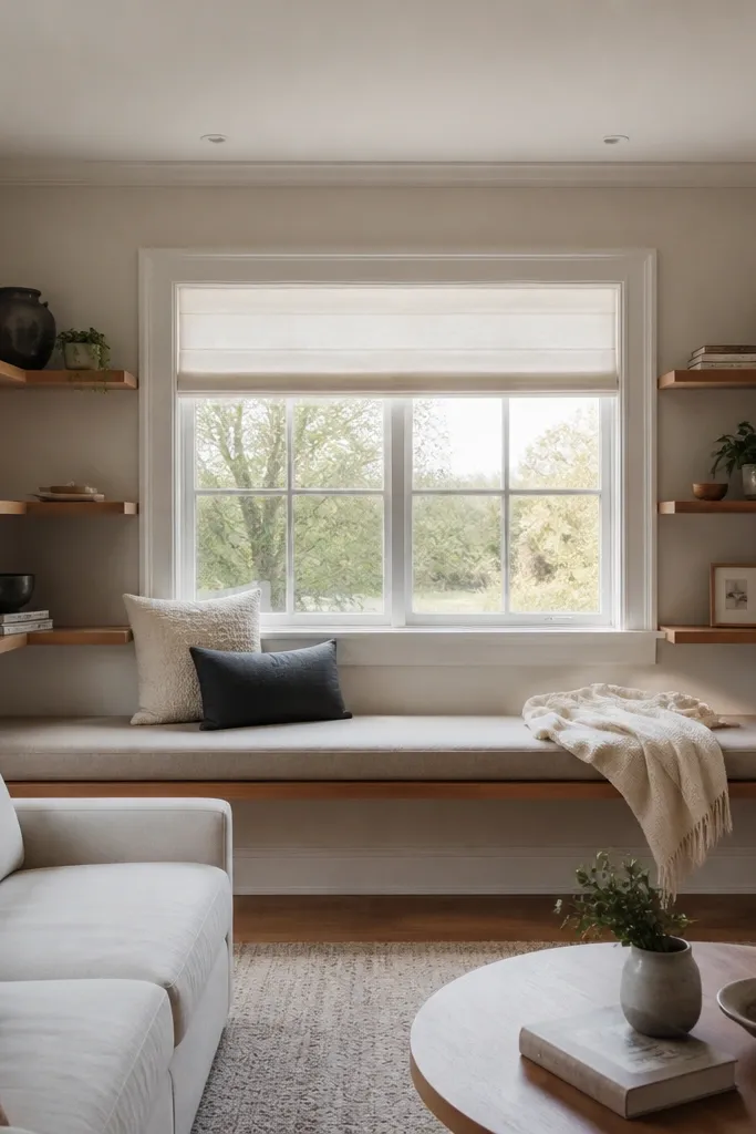 Built-in shelves wrap around a window with a thin rail above