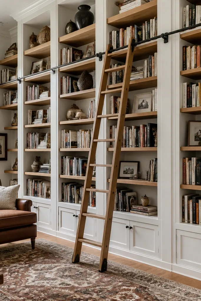 Tall built-in bookcases with a rail track for a moving ladder