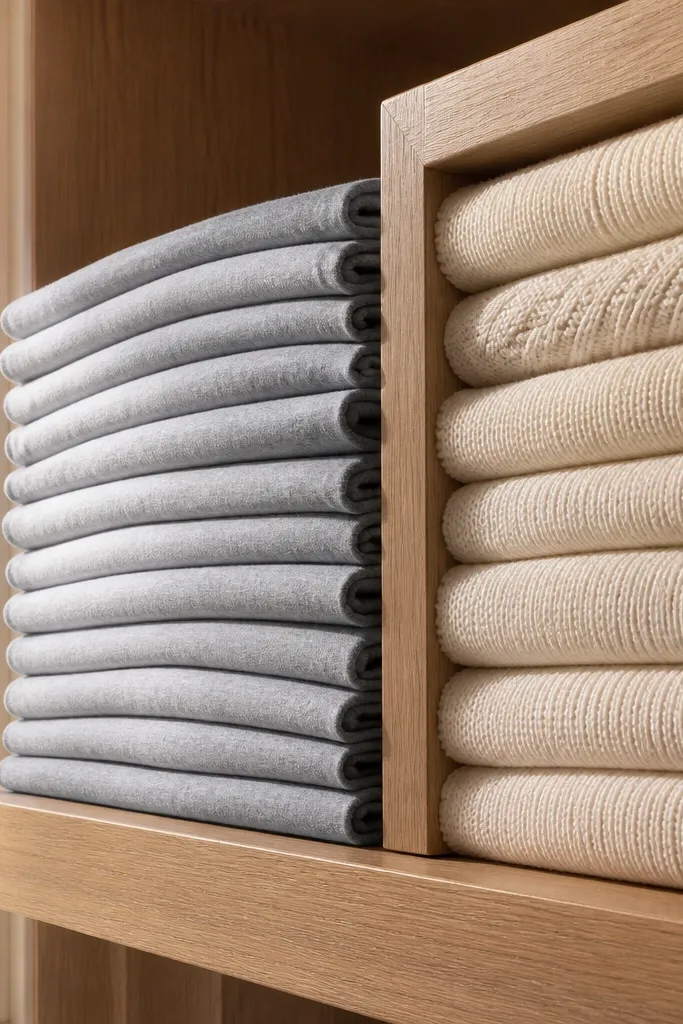 White shelf with wood dividers separating neatly folded shirts by color.