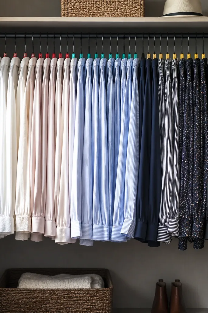 Row of matching hangers with small colored clips separating shirt categories by color.