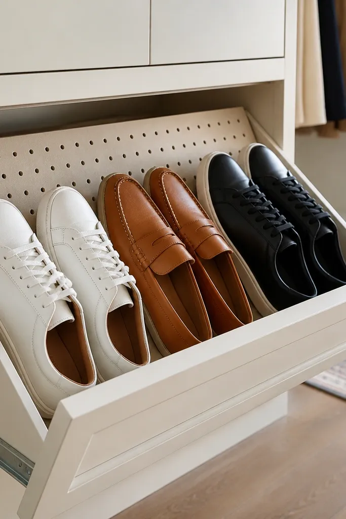 A pull-out shoe drawer with a pegboard back showing pairs stored upright.