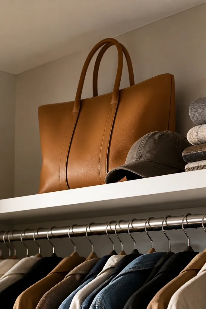 A slim shelf under a closet rod holding folded hats and a few structured handbags.