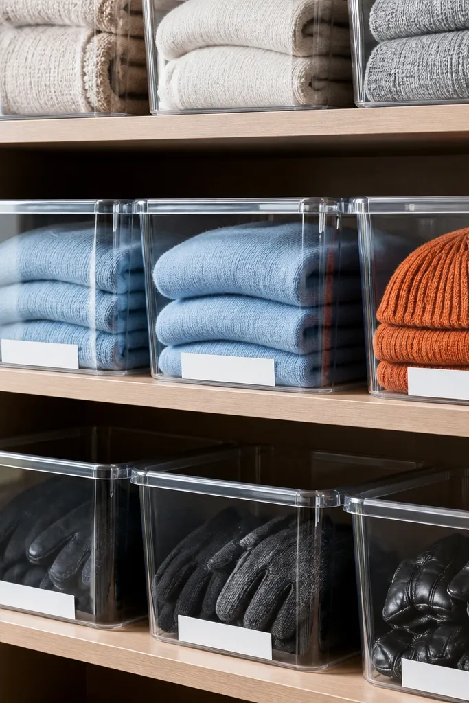 Stacked clear bins with matching labels on the front for seasonal items.