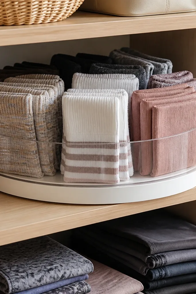 A rotating organizer tray holding neatly stacked folded clothes on a closet shelf.
