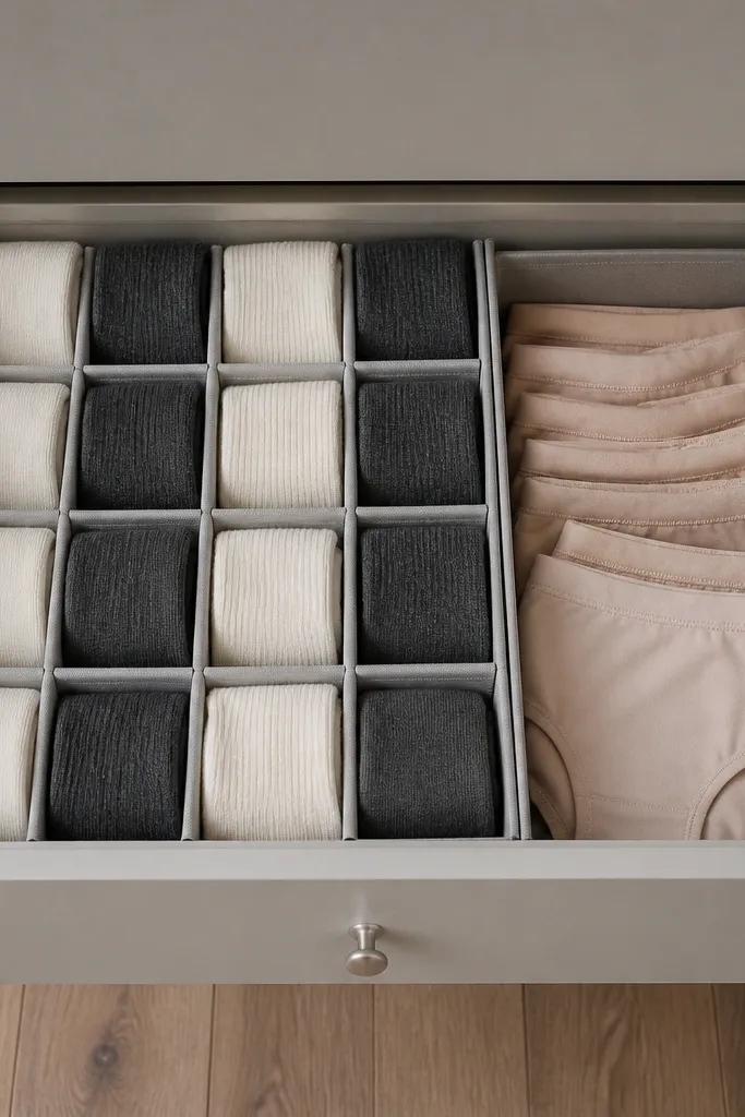 Closet drawer with wooden grid compartments holding neatly separated socks and underwear.