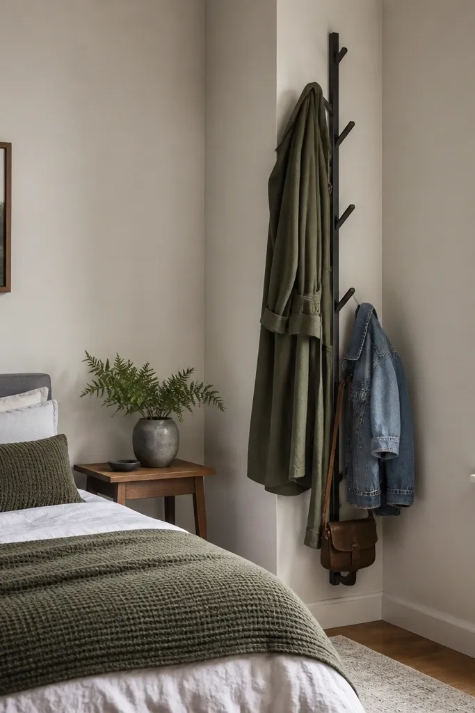 Wooden ladder-style hooks in a closet corner holding robes and light jackets neatly.