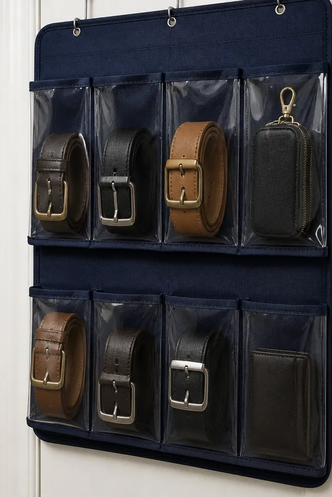 Hanging organizer with two tiers holding belts, scarves, and small pouches behind closet doors.