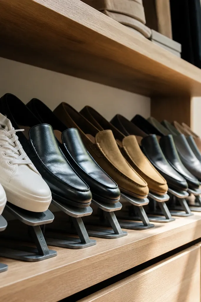 Shoe shelf with angled wooden inserts holding shoes upright and evenly spaced.