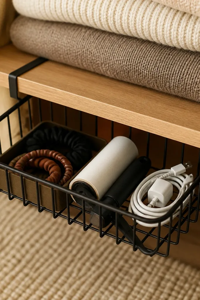 Small metal basket mounted under a shelf rail holding gloves and hair accessories.