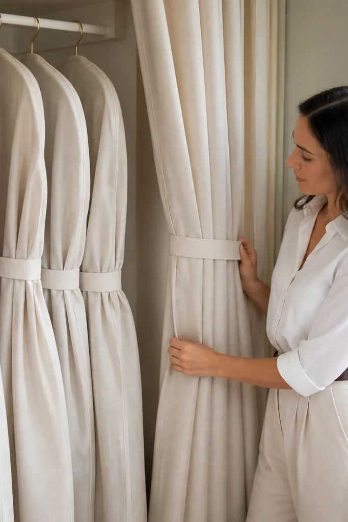 Closet corner with garment bags neatly tied back using fabric ties and hooks.