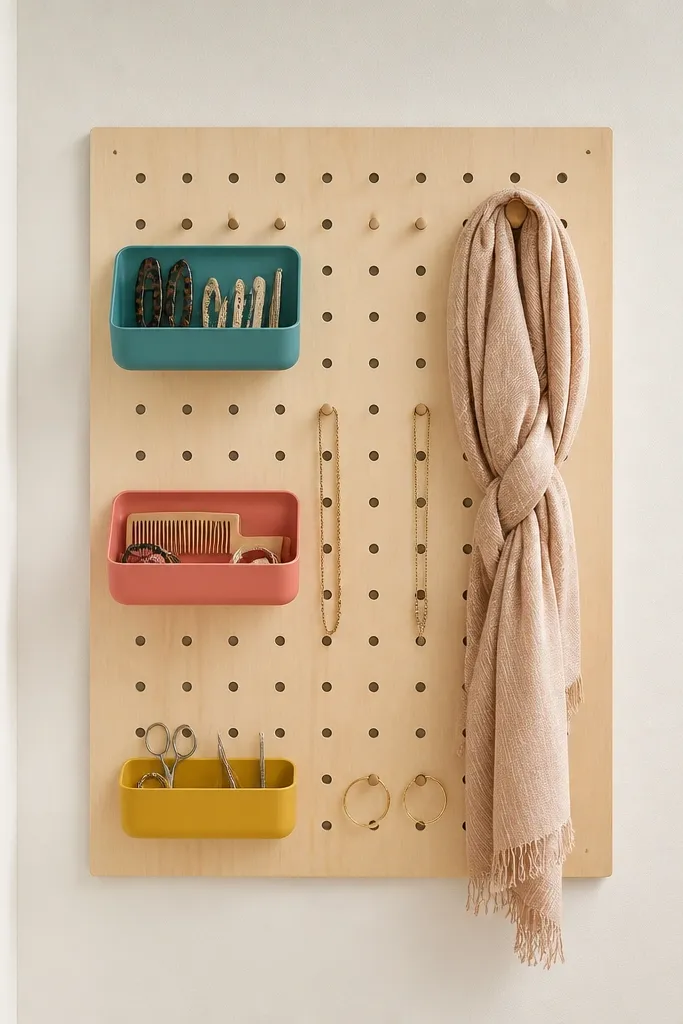 Pegboard wall inside closet with small trays holding jewelry and hair tools in color order.