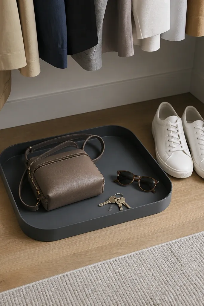 Matte tray on the closet floor holding a small bag, sunglasses, and keys neatly.