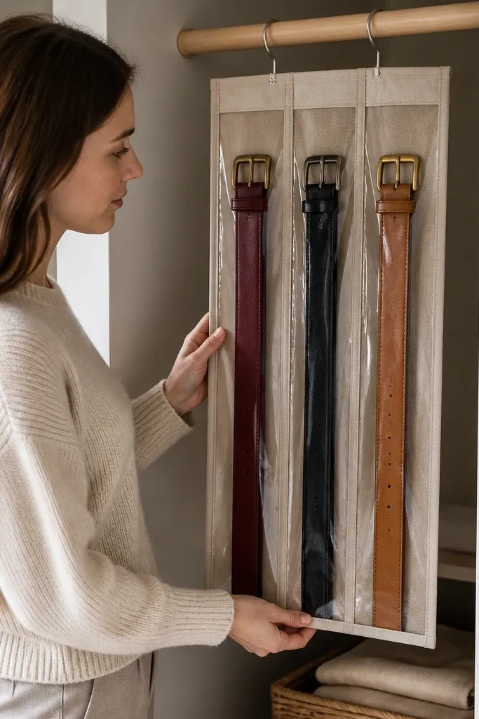 Hanging belt organizer with clear pockets showing belts lined up by color.