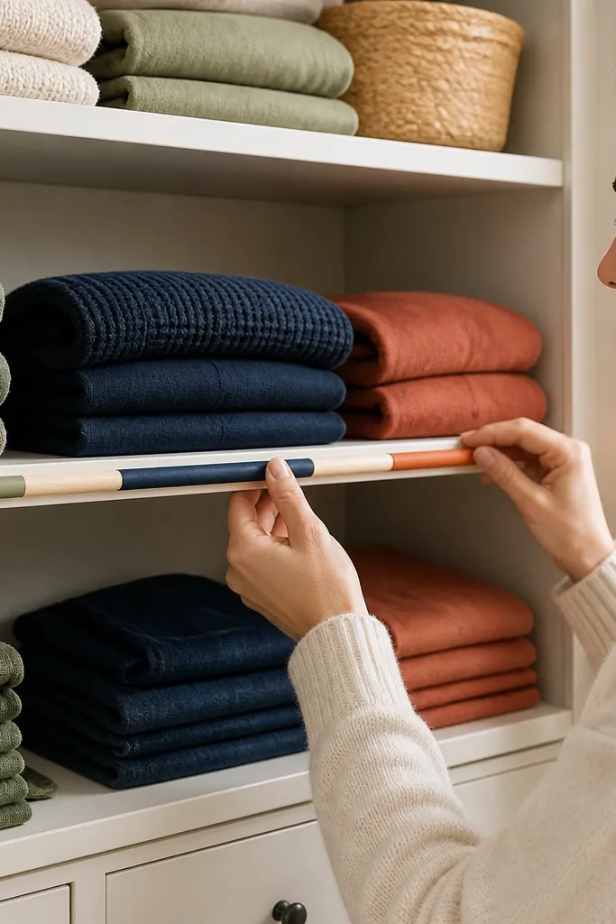 Closet shelf with small colored markers on the front edge showing zones for categories.