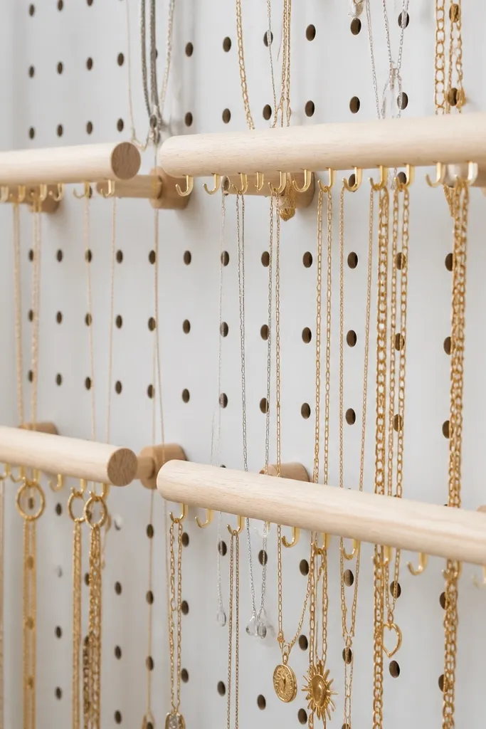 Pegboard panel with small dowel bars holding necklaces in neat rows.